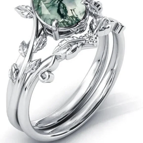 Natural Moss Agate Ring 925 Sterling Silver Moss Agate Engagement Ring Set Promi